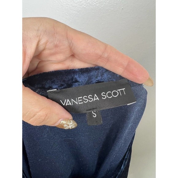 Vanessa Scott Blue Velvet Cold Shoulder Top S Tie Sleeve Open Shoulder Small - Picture 9 of 11